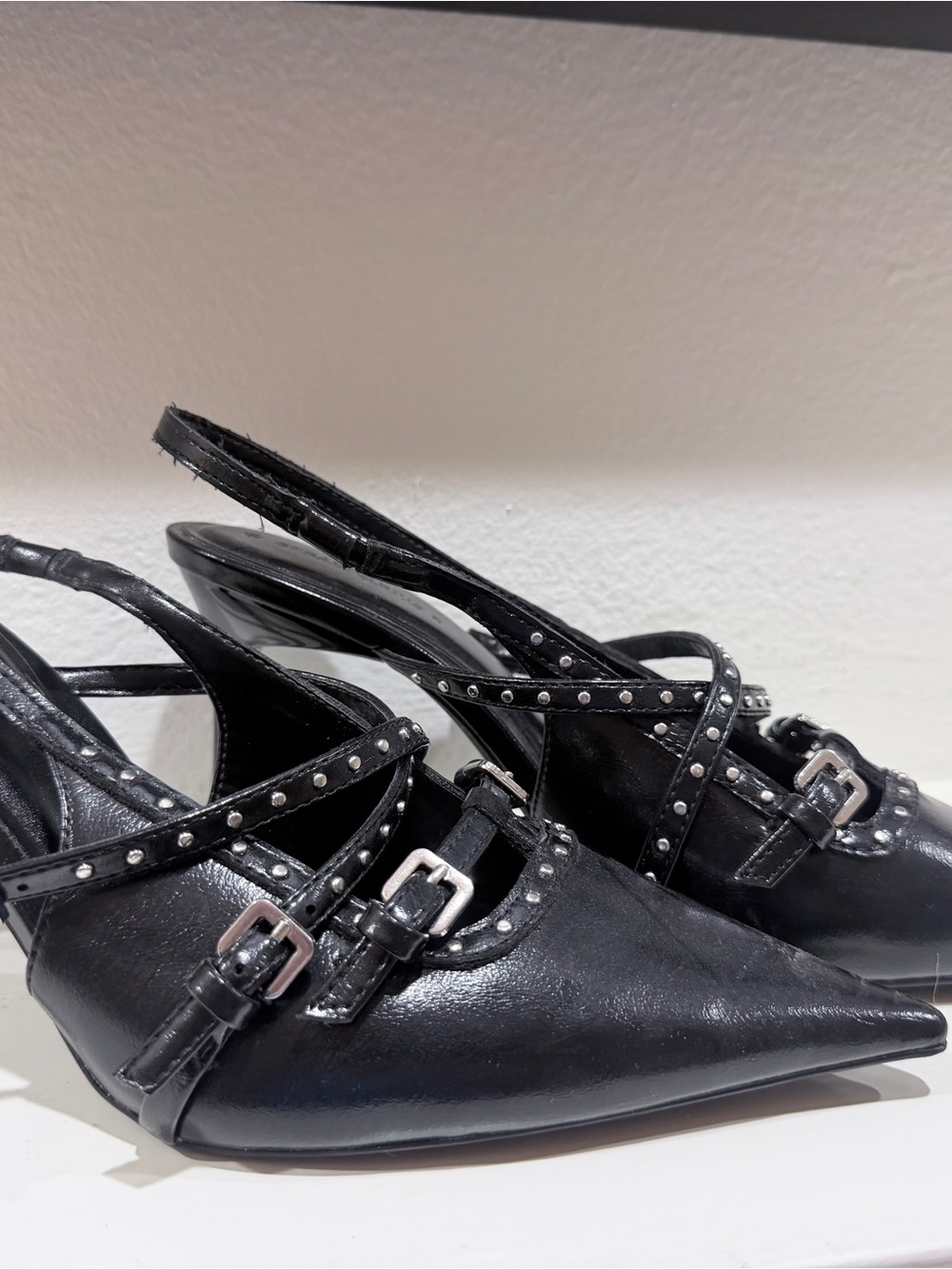 stradivarius Black Studded Pointed Slingback Heels with Buckle